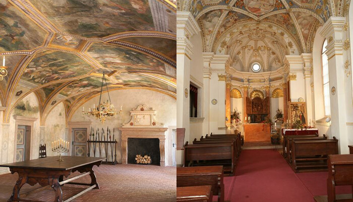 Vstupní sál a interiér kostela